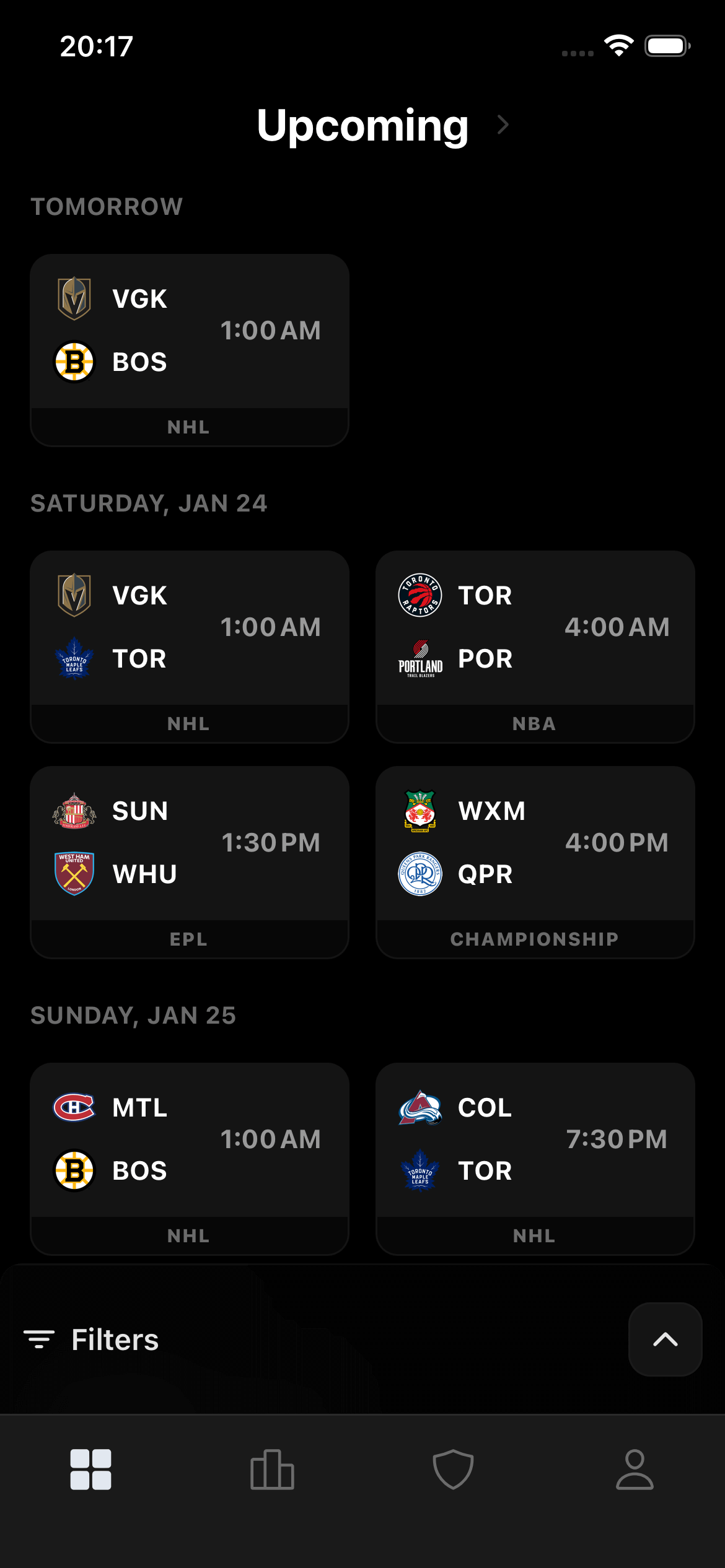 Sideline app - Upcoming